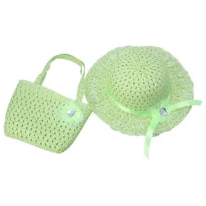 Detailed view of light green straw hat and handbag set with lace and floral accents