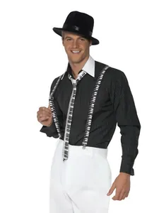 Detail shot of classic piano key pattern suspenders and matching necktie set on a model