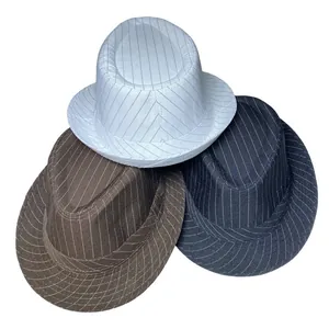 Detailed texture of pinstriped fedora hats in white, dark coffee, and navy blue
