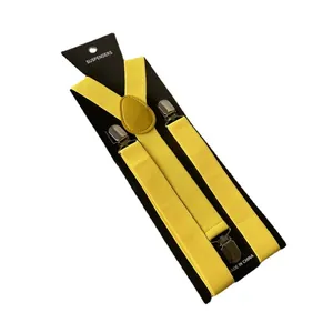 Bretelle elastiche classiche giallo acceso a forma di Y con patch in pelle e clip in metallo
