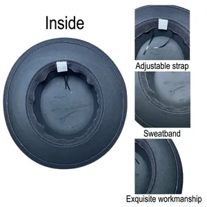 Detail view of the fedora hat interior featuring adjustable strap and sweatband