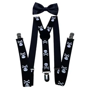 Detail of adjustable skull print suspenders with matching black satin bowtie set