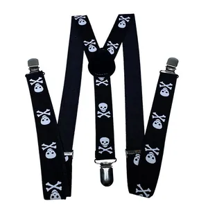 Detail of Y-back suspenders with white skull prints and durable silver metal clips