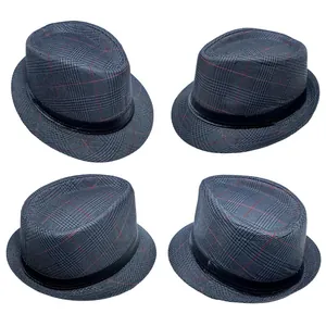 Detailed views of dark grey plaid fedora hat with red grid pattern and black ribbon band