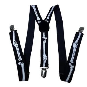 Macro shot of Gothic Y-back suspenders with white skeleton print and metal clips