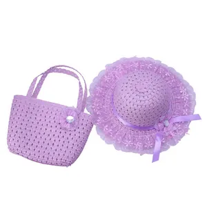 Detailed set of purple woven sun hat with lace trim and matching floral handbag for girls