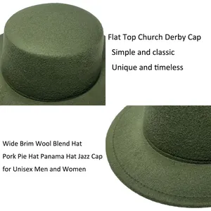 Macro detail of dark green wool blend fedora showing flat top and stitched brim texture
