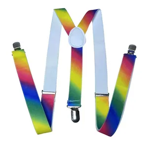 Detail view of Y-back rainbow suspenders with silver clips and white leather joiner