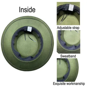 Detail view of army green felt fedora with adjustable inner strap and sweatband
