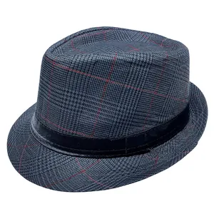 Detailed macro view of grey plaid fedora hat with red stripes and black satin ribbon band