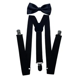 Detail of adjustable black elastic Y-back suspenders with matching satin bowtie set