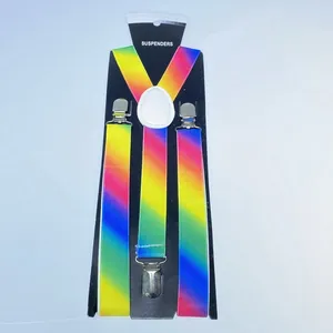 Detailed view of rainbow suspenders with a Y-back design and three strong metal clips
