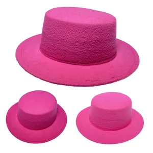 Detailed views of hot pink wide brim wool fedora hat with flat top and smooth felt texture