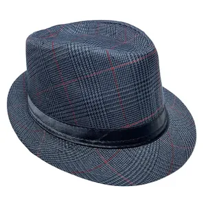Detailed view of dark grey fedora hat with red grid pattern and black satin band