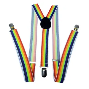 Macro view of rainbow suspenders with three strong metal clips and black leather patch