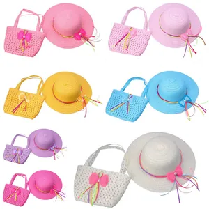 Detail of straw hat and matching bag set with pearl bows in various vibrant colors