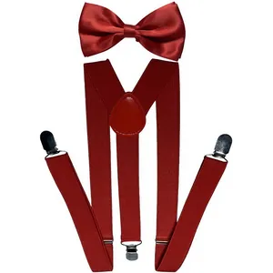 Detail of burgundy elastic suspenders with metal clips and matching satin bowtie set