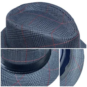 Detail of blue plaid fedora hat with black band and breathable sweatband structure