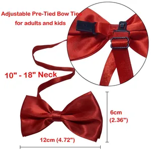 Detail of red satin pre-tied bowtie with adjustable buckle and size dimensions 12x6 cm