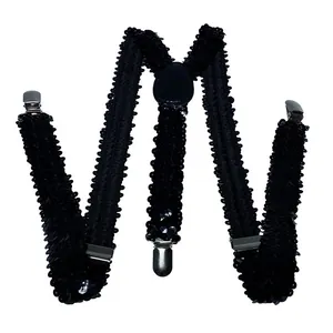 Detail of Y-back rainbow suspenders with black sequins and adjustable metal clips