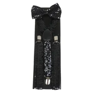 Detail of sparkly black sequin bow tie and Y-back suspenders set for party costumes