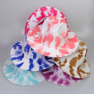 Flat brim tie-dye fedora hats in pink blue purple and brown for men and women