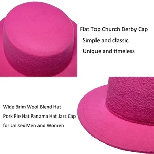 Detailed close-up of stitching on rose red wide brim wool blend flat top fedora hat