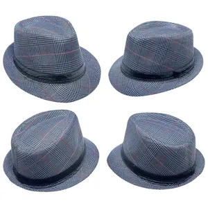 Men's blue glen plaid fedora hat with black satin band shown from four distinct angles