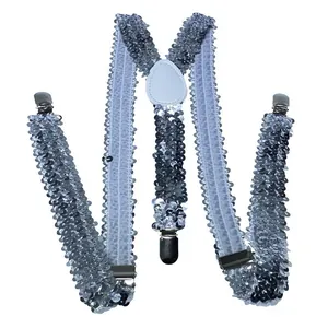 Detail of silver sequin Y-back suspenders with metallic clips and adjustable buckle