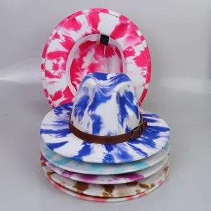 Detail view of cotton blend tie-dye fedora with leather strap and inner fabric label