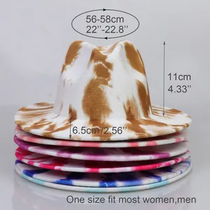 Detailed size chart for tie-dye fedora hat showing head circumference and brim dimensions