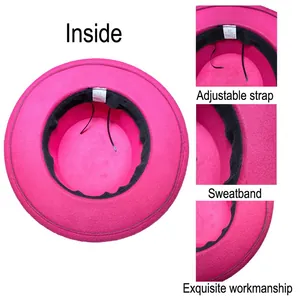 Detail of hot pink felt hat interior featuring adjustable drawstring and black sweatband