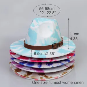 Colorful tie-dye fedora hats with wide brim and leather belt decoration for stylish adults