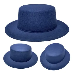 Three-angle view of a navy wool flat top boater hat showing texture and structure