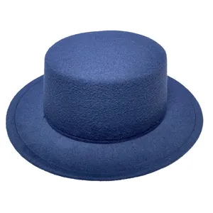 Top view of high-quality dark blue flat top wool felt fedora with a minimalist wide brim