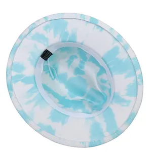 Detail of blue tie-dye felt hat interior showing sweatband and adjustable drawstring