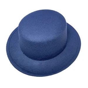 Close-up of navy blue wool top hat featuring precise stitching on the flat brim edge