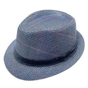 Close-up of grey fedora hat with red plaid houndstooth pattern and black band