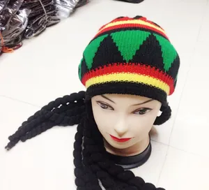 Jamaikanischen Reggae-Stil Strickmütze Mit Schwarzen Dreadlock Zöpfen Acryl Ethno Perücke Hut Für Herren Damen Party Cosplay