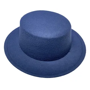 Detailed macro view of navy blue wool felt boater hat texture and wide flat brim