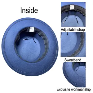 Detail of blue fedora interior with adjustable band and moisture-wicking sweatband