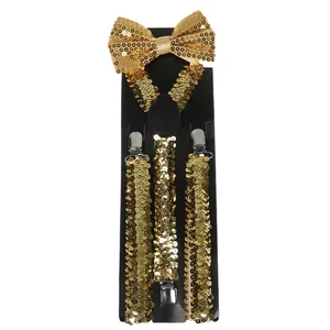 Close-up of gold sequined bowtie and adjustable Y-back suspenders on display card