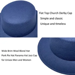 Detailed macro view of the flat top and brim of a navy blue wool blend fedora hat