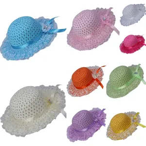 Kids sun hats collection with lace trim and ribbon bows in nine assorted vibrant colors