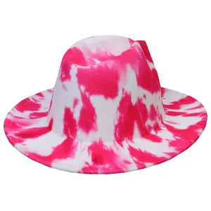 Stylish pink and white tie-dye wool fedora hat with wide brim and classic crown design