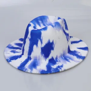 Detailed view of the blue and white tie-dye pattern on the wool fedora hat's crown