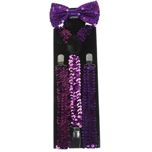 Close-up of sparkling purple sequin bow tie and adjustable suspender set with metal clips