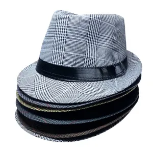 Vertical stack of classic plaid fedora hats for men in various colors and checkered patterns