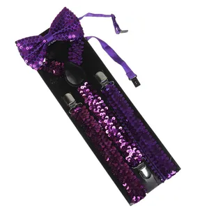 Sparkly purple sequin bowtie and adjustable suspenders set with silver metal clips