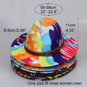 Detailed size chart for colorful tie-dye fedora hat with dimensions and unisex fit info